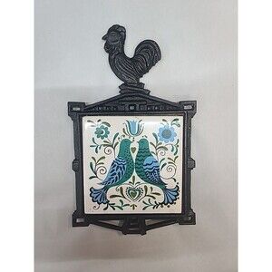 VTG Enesco Cast Iron Trivet Rooster & Love  Birds Wall Decor Made in Japan Teal